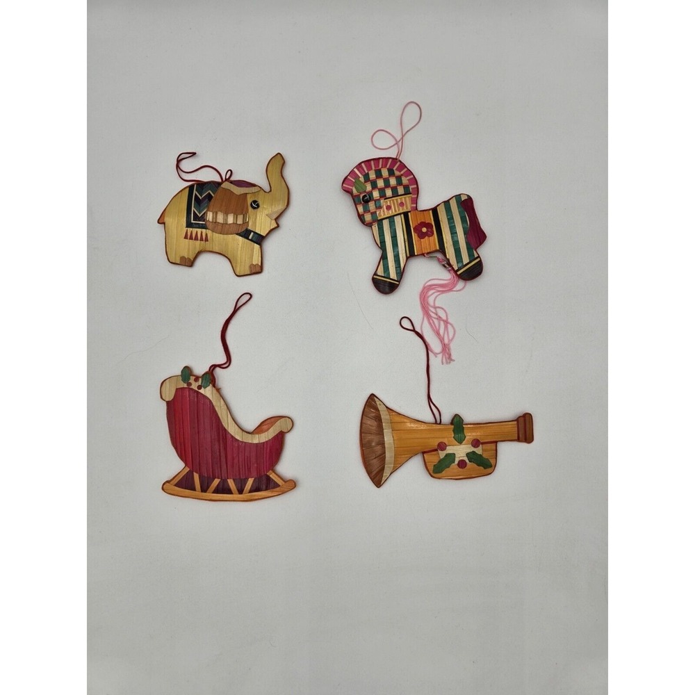 4 Vtg‎ Painted Straw Christmas Ornaments Double Sided Colorful Horse Elephant